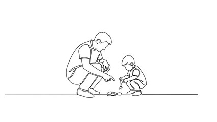 Obraz premium A continuous line drawing illustrating a father and son sharing a moment of exploration and connection while crouched down