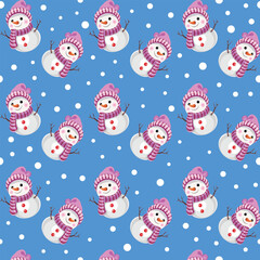 A fun, seamless pattern featuring cute snowmen with pink hats and scarves, set against a blue background with white polka dots. Great for wrapping paper, fabric, and backgrounds