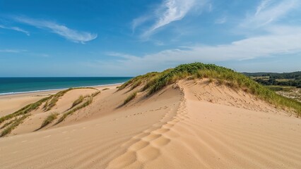 A sandy beach with dunes and grass under a partly cloudy sky near the ocean.