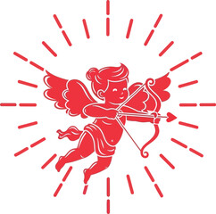 Red cupid with bow and arrow radiant rays symbolizing love and romance for valentine's day celebration romantic icon isolated on white background