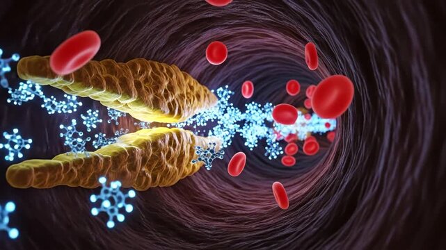 Medical illustration of a blood vessel displaying cholesterol buildup with red blood cells and microscopic structures