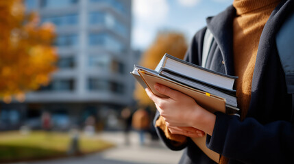 Faceless student hands holding notebooks outdoors university campus environment educational materials carrying academic setting presence learning preparation display