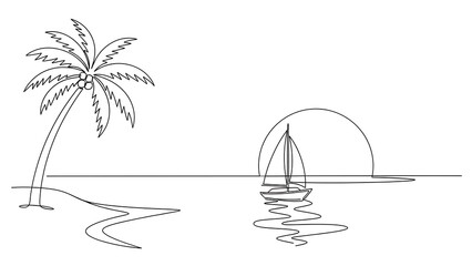 A peaceful tropical beach scene with continuous line art drawing of a palm tree and sailboat during sunset.