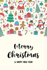 Cute Christmas greeting card with hand drawn ornaments. Vector illustration