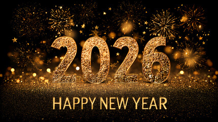 Happy new year 2026 with gold fireworks and sparkles on black background