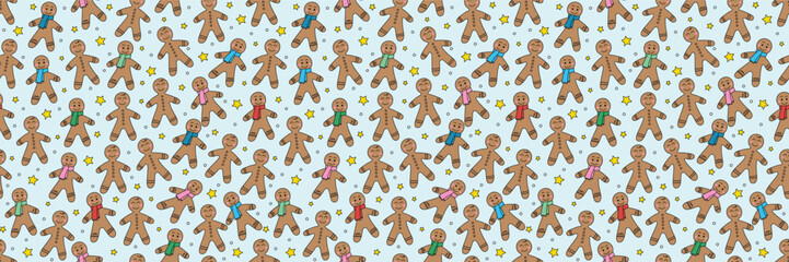 Colourful Christmas pattern with hand drawn gingerbread cookies. Holiday background design. Vector illustration