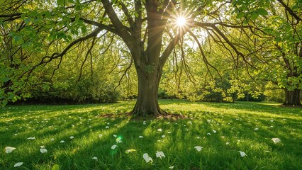 Obraz premium Sunlight shines through the branches of a large tree in a lush green park landscape. Bright sunlight and healthy foliage with a peaceful natural environment.