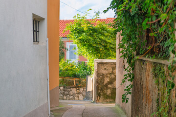 Narrow alleyway with lush greenery in european village setting. Omi&scaron;alj, Krk island, Croatia