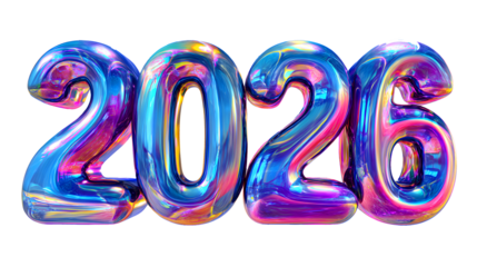 Shiny colorful 2026 balloons isolated on transparent background