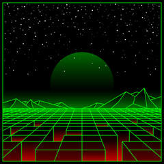 turistic retro landscape of the 80`s. Futuristic illustration of sun with mountains in retro style. Digital Retro Cyber Surface. Suitable for design in the style of the 1980