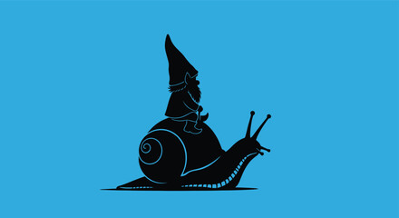 Whimsical gnome riding a snail character with antennas across a vibrant blue cyan background surreal fantasy creature design isolated on white background © Hridoy