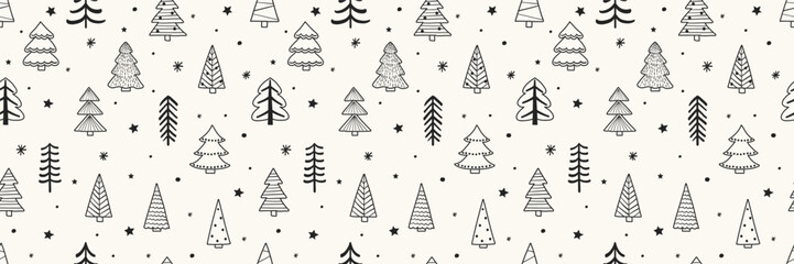 Colourful Christmas tree pattern with hand drawn decorations. Holiday background design. Vector illustration