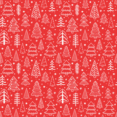 Christmas tree seamless pattern. Cute holiday background with cartoon ornaments. Vector illustration