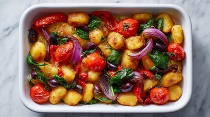 A delicious dish of baked gnocchi with vibrant cherry tomatoes, fresh spinach, and red onions. Perfect for a cozy dinner or a meal prep. This image highlights the colorful ingredients. AI