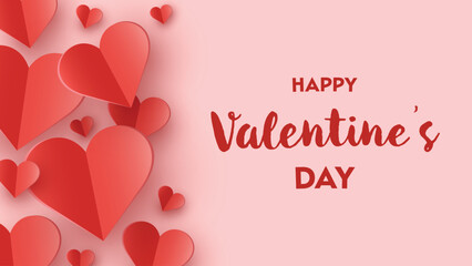 Happy Valentine&rsquo;s Day greeting card with flying paper cut hearts. Vector illustration