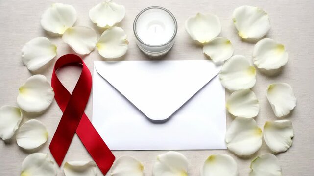 Red ribbon symbol for World AIDS Day with envelope and candle. HIV awareness concept with white rose petals flat lay. Memorial and support composition