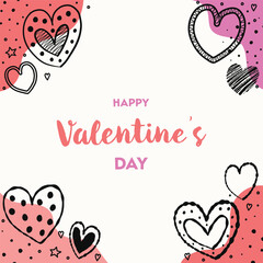 Cute Valentine&rsquo;s Day greeting card with cartoon hearts. Background with hand drawn elements. Vector illustration