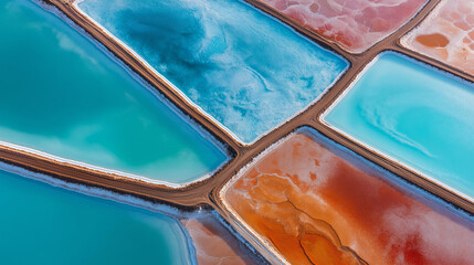 Geometric pattern of colorful mineral rich evaporation pools from above