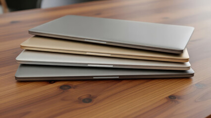 A stack of sleek closed laptops in various metallic colors on a rustic wooden table.