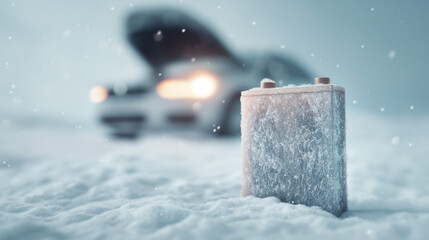 Frozen Car Battery in Snow with Hood Open Vehicle
