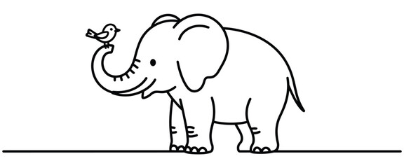 Fototapeta premium Cute Elephant Line Art Vector with Bird Showing Friendship, Nature and Playful Mood
