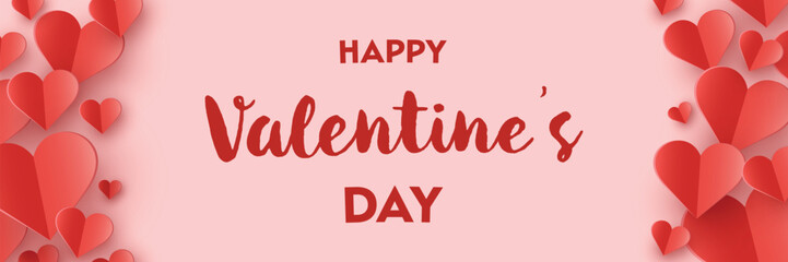 Valentine’s Day banner with floating paper cut hearts. Abstract background design. Vector illustration