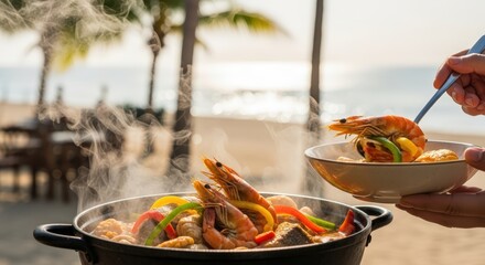 Vibrant street food scene featuring steaming shrimp and colorful vegetables being served from a pot, with a beautiful beach backdrop and palm trees creating a tropical atmosphere
