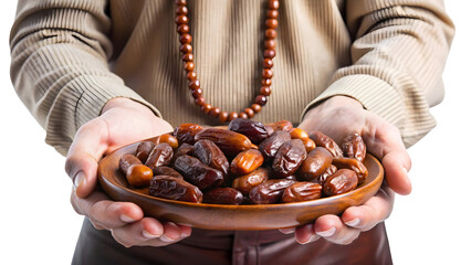 Person offering a wooden bowl filled with rich brown dates wearing prayer beads and beige clothing