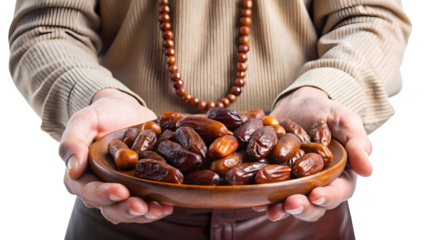 Person offering a wooden bowl filled with rich brown dates wearing prayer beads and beige clothing