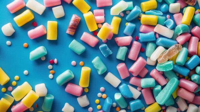 Video Pile of colorful pills arranged on a blue surface, ideal for medical or pharmaceutical s