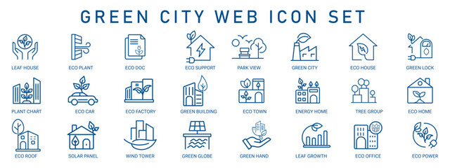 Modern line icons for eco city, green living, renewable energy, sustainability, clean power, eco buildings, and environmental projects. Perfect for infographics, apps, and corporate eco reports.