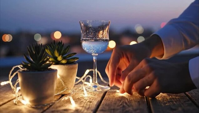 Hands arranging fairy lights around a water glass and succulents on a rustic wooden table at twilight for a cozy relaxation concept and evening ambiance