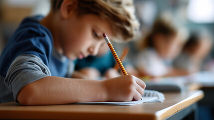 Faceless schoolboy hands writing lesson wooden desk classroom environment focus young student notebook pencil kids study quietly background elementary school learning