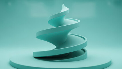 A striking minimalist abstract spiral structure rendered in a soothing light teal monochrome setting