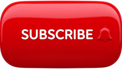 Bright red glossy subscribe button with white text and notification bell icon isolated on white background featuring rounded edges modern design and clean three dimensional appearance
