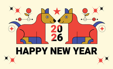 Stylized red dogs and floral elements celebrate the year 2026 new year