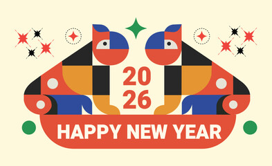 Stylized dogs and new year 2026 greetings with geometric shapes and vibrant colors