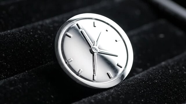 4k Metallic clock face detail, symbolizing time and precision, presented on a dark textured background.