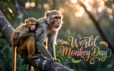 Cinematic wildlife scene of caring monkey parents cuddling their baby.