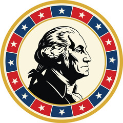 Vintage circular emblem featuring a profile portrait of thomas jefferson surrounded by a patriotic red white and blue border design isolated on white background © Hridoy
