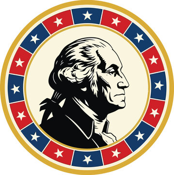 Vintage circular emblem featuring a profile portrait of thomas jefferson surrounded by a patriotic red white and blue border design isolated on white background