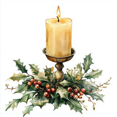 christmas decoration with candle and holly