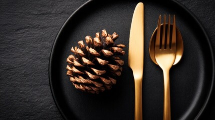 Golden Cutlery and Pinecone on Black Plate for Elegant Dining or Holiday Table Setting