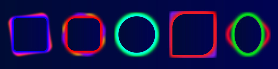 Curve and wave shapes blend with neon gradient colours in abstract background featuring round circular icons light glow energy in motion futuristic digital template design banner illustration.