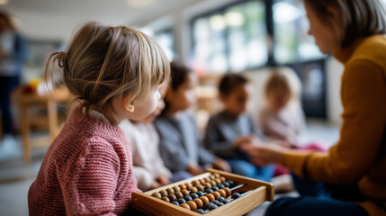Faceless group preschool children sitting classroom floor teacher uses abacus explain basic math kindergarten education encourages curiosity hands on number learning activity