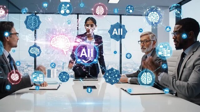 Diverse professionals in a sleek conference room gather around glass table, using holographic icons