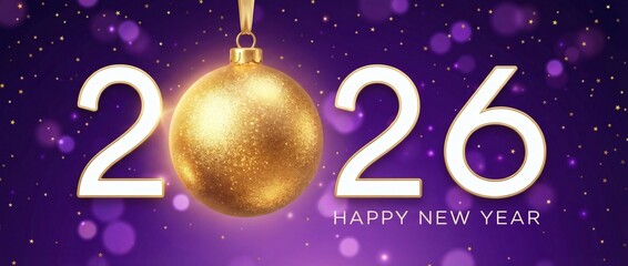 Happy new year 2026 greeting with golden christmas ornament and purple bokeh background