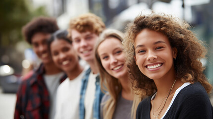 Obraz premium Faceless happy multiethnic group young friends bonding outdoors multiracial millennials students meeting youth people lifestyle concepts diversity teenage urban life