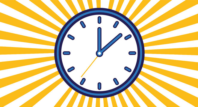 Analog clock face with rays of light graphic representing time passing and urgency isolated on white background