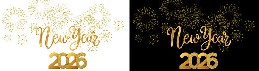 PNG image of Celebrate the arrival of happy new year 2026 with glittering gold typography and vibrant fireworks on transparent background © MariaAlam
